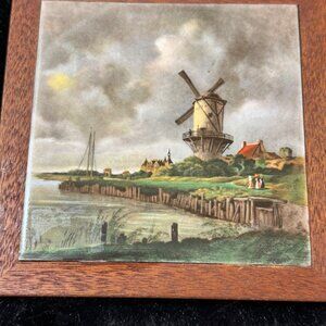 Vintage Deede-Highlands Co.Wooden Framed Ceramic Trivet With Windmill  Landscape